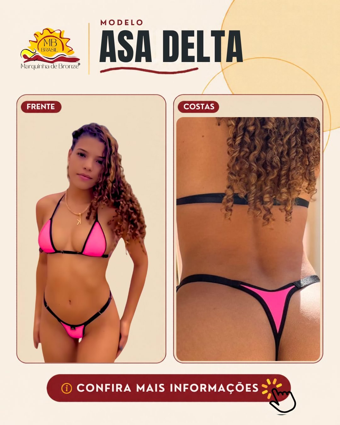 Biquíni para bronzeamento modelo Asa Delta, de frente e de costas