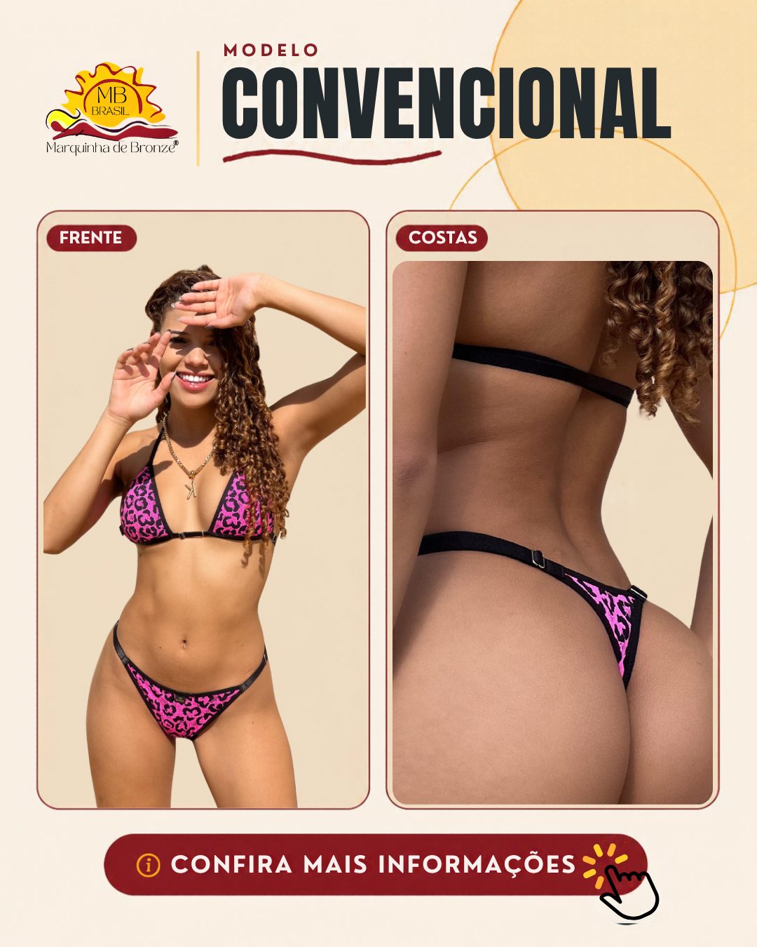 Biquíni para bronzeamento modelo Convencional, de frente e de costas