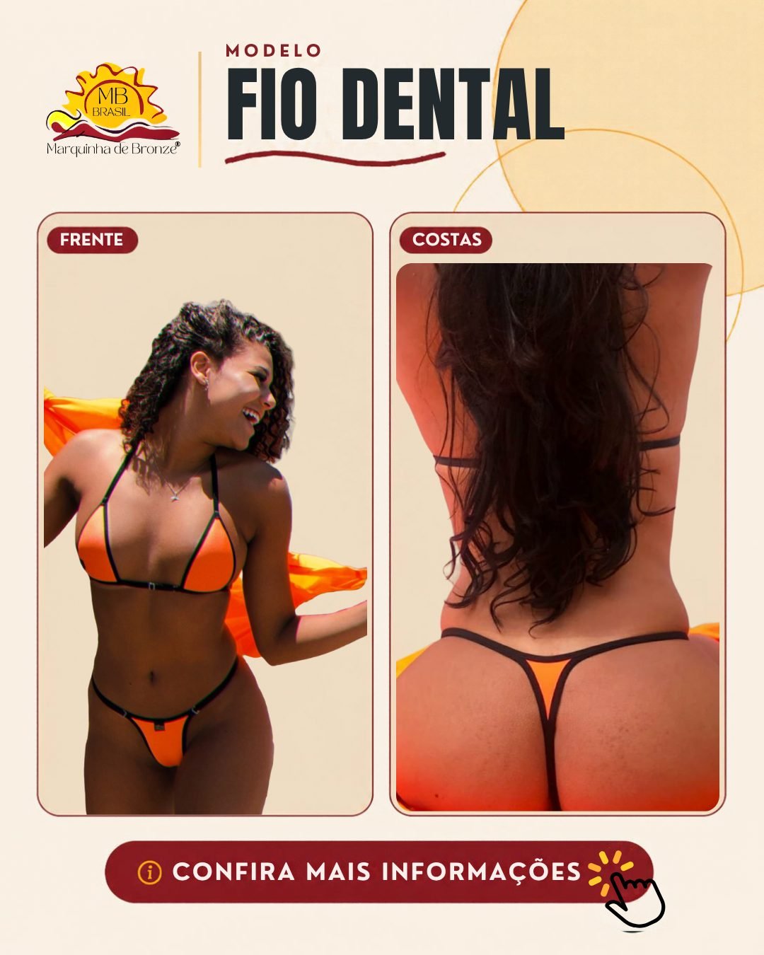 Biquíni para bronzeamento modelo Fio Dental, de frente e de costas