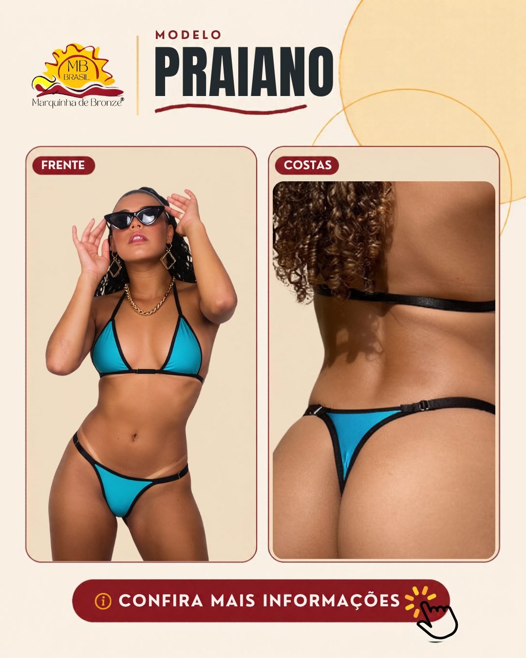 Biquíni para bronzeamento modelo Praiano, de frente e de costas