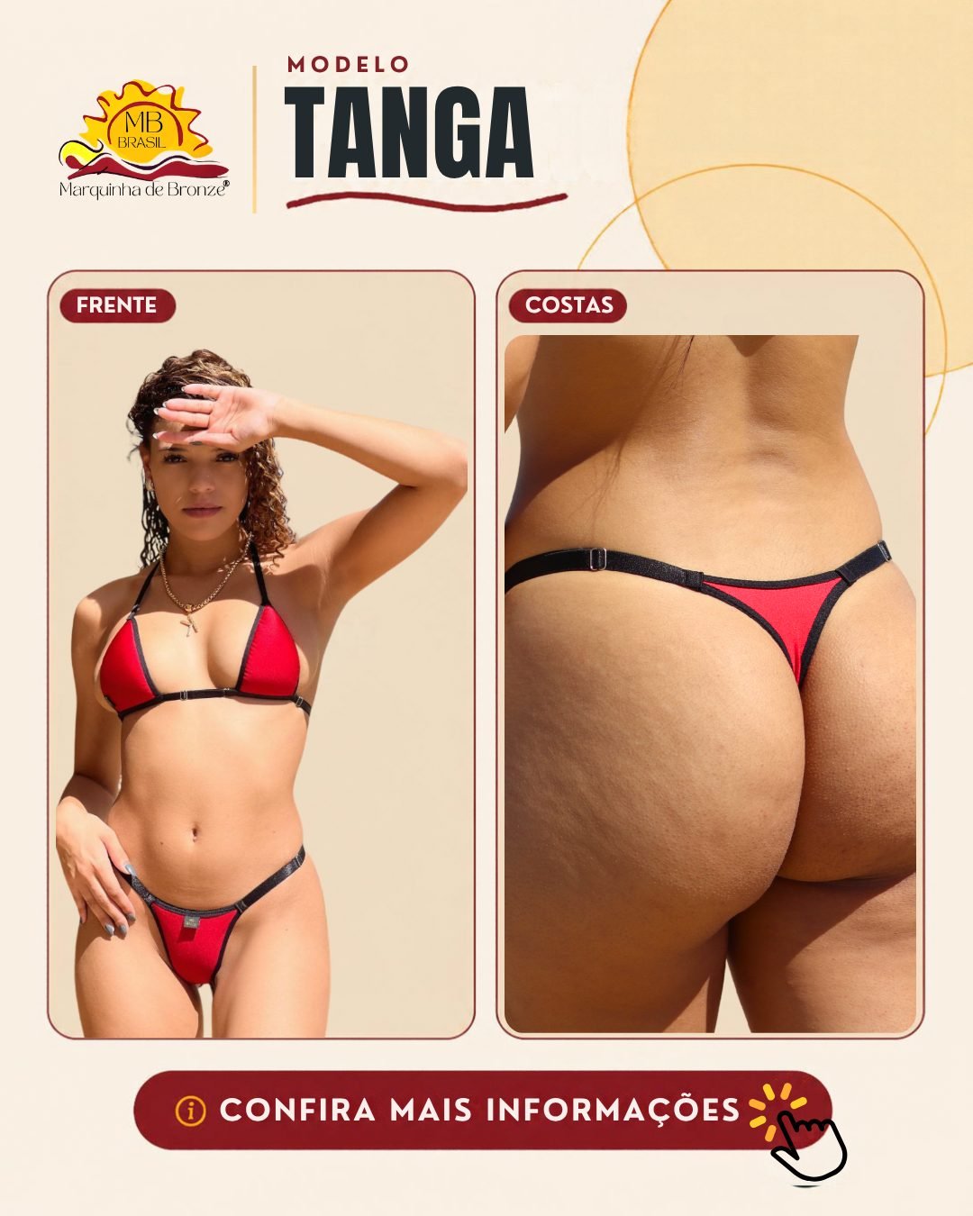 Biquíni para bronzeamento modelo Tanga, de frente e de costas